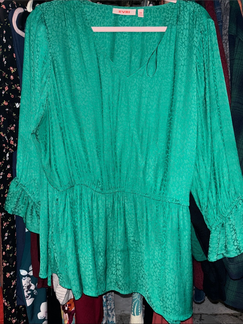 EVRI Teal Green V-Neck Peplum Tunic with Ruffle Sleeves